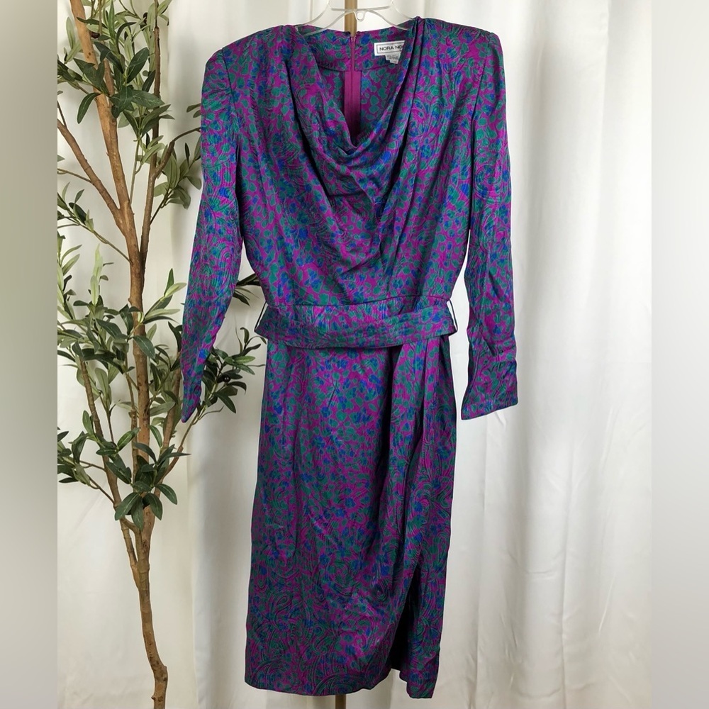 Vintage 80’s 100% Silk Long-Sleeve Draped Neck Belted Dress Sz 14 (V1)